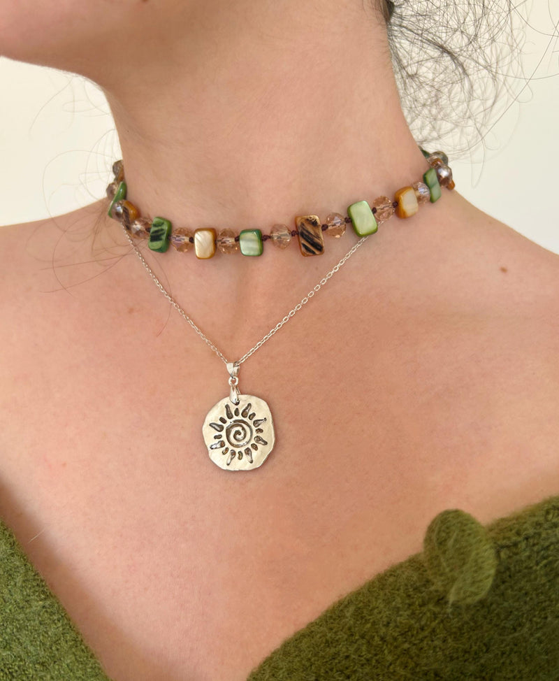 Collier RachaJewellery en argent 925, pendentif soleil et spirale, chaîne à maille forçat diamantée de 40 cm