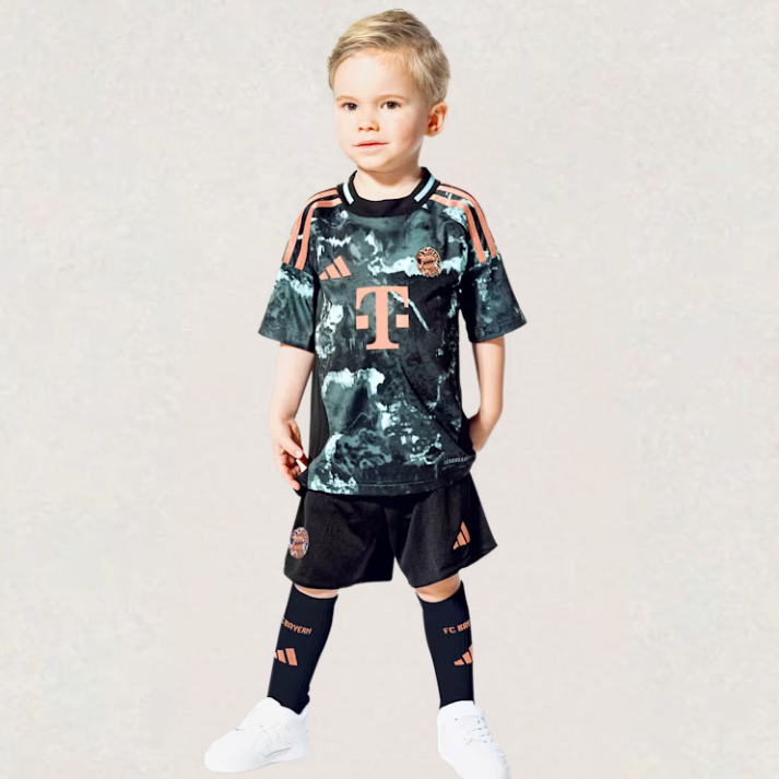 Maillot adidas Bayern München extérieur 2024/25 enfant, noir et turquoise, environ 45–65 × 32–46 cm