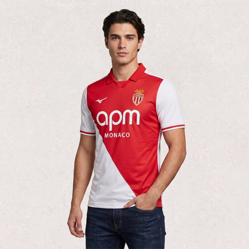 Maillot AS Monaco domicile 2026/27, versions joueur et supporter, environ 65–82 × 46–64 cm