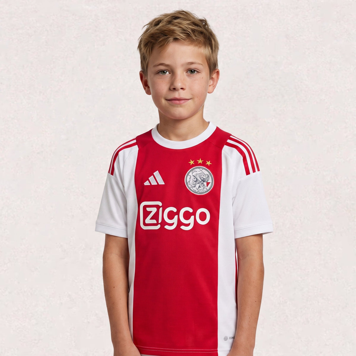 Maillot Ajax domicile 2026/27, version supporter pour enfant, environ 43–63 × 32–46 cm